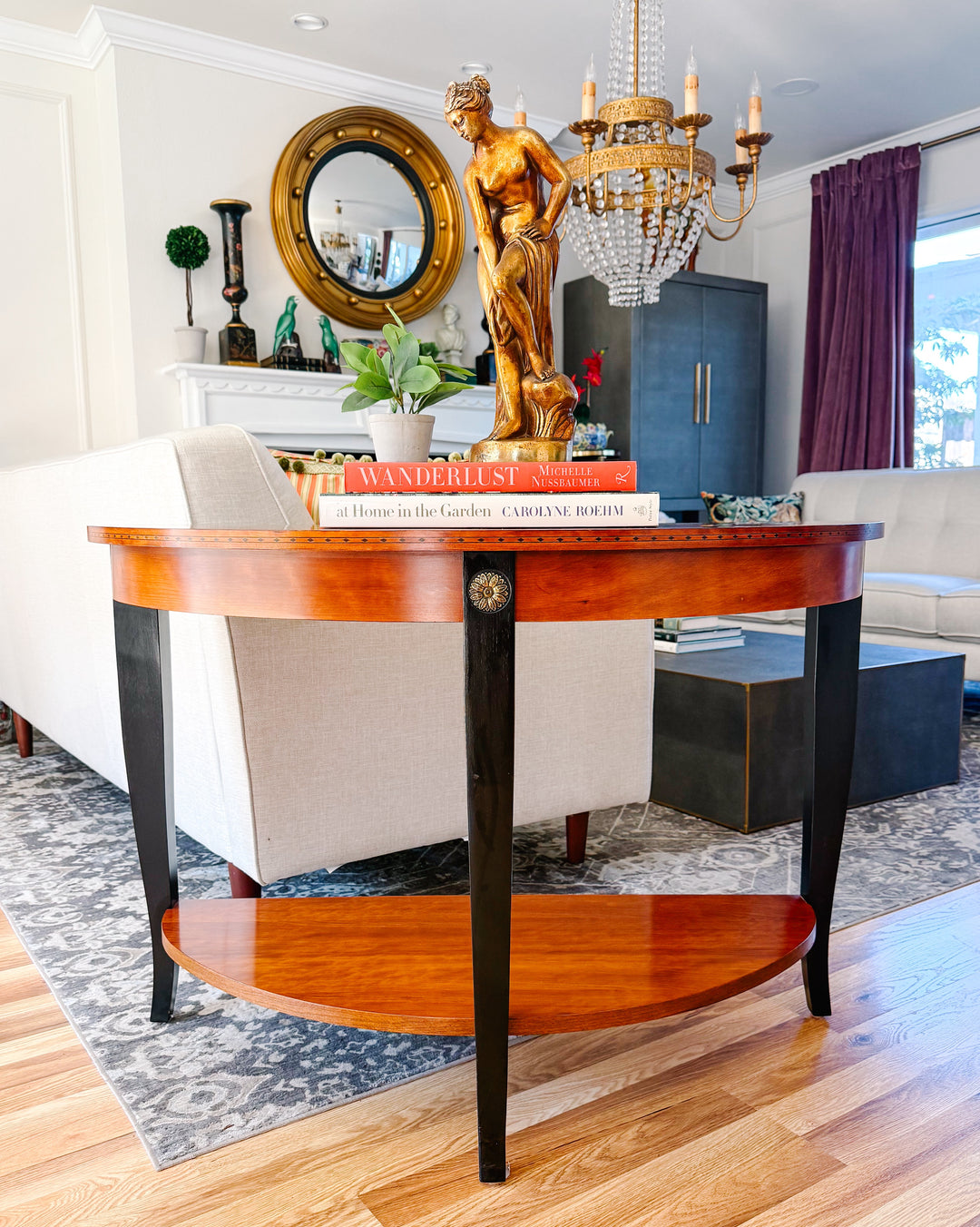Ethan Allen Neoclassical Demilune Console Table With Inlay and Ebonized Legs