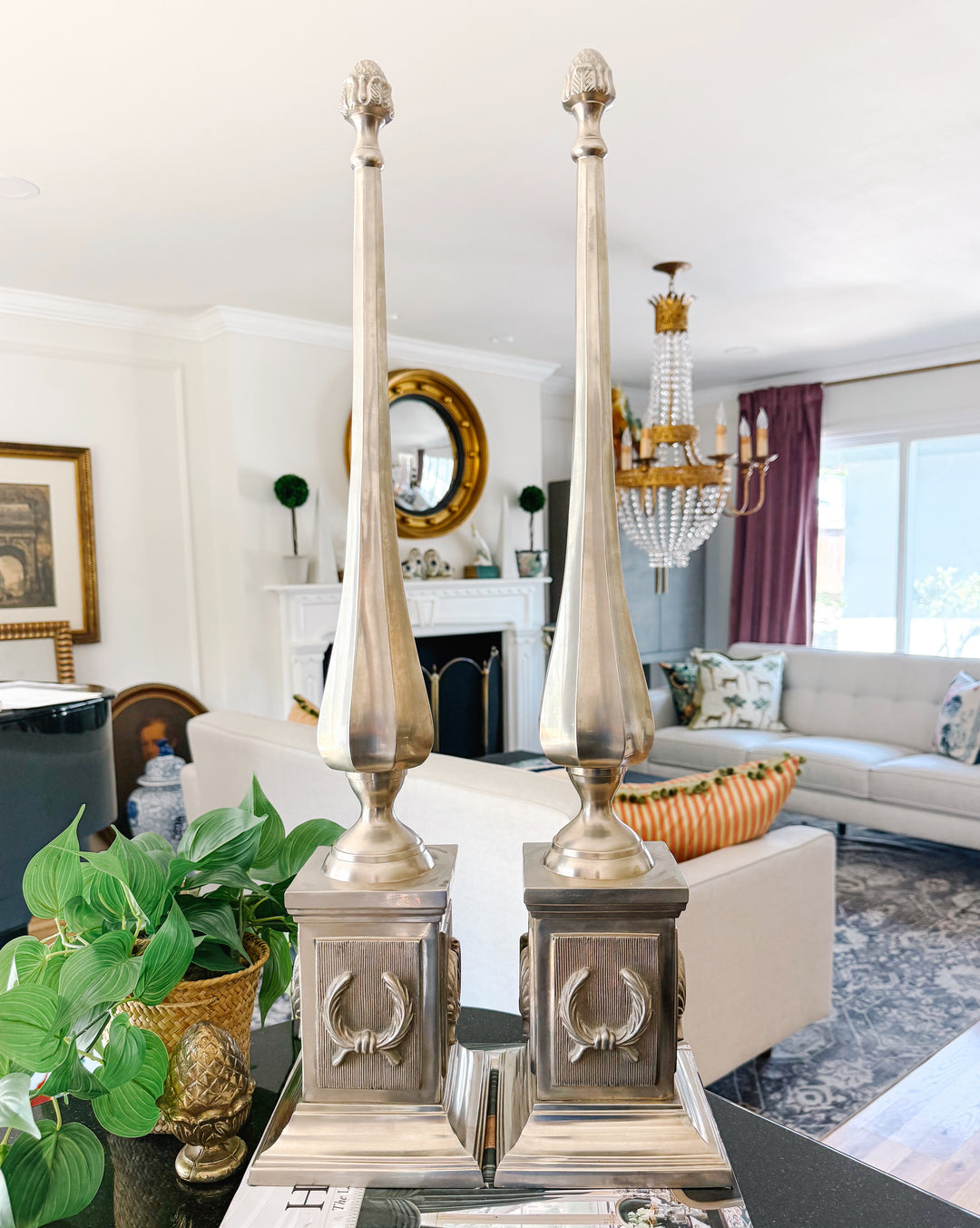 Pair of Extra Tall Vintage French Pewter Obelisks with Laurel Wreath Motifs