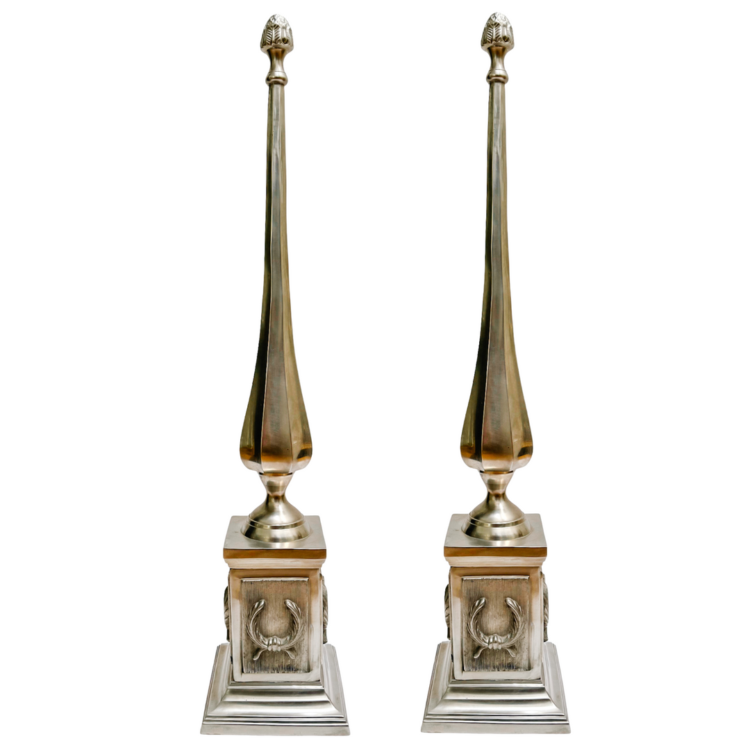 Pair of Extra Tall Vintage French Pewter Obelisks with Laurel Wreath Motifs