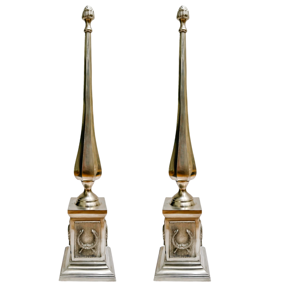 Pair of Extra Tall Vintage French Pewter Obelisks with Laurel Wreath Motifs