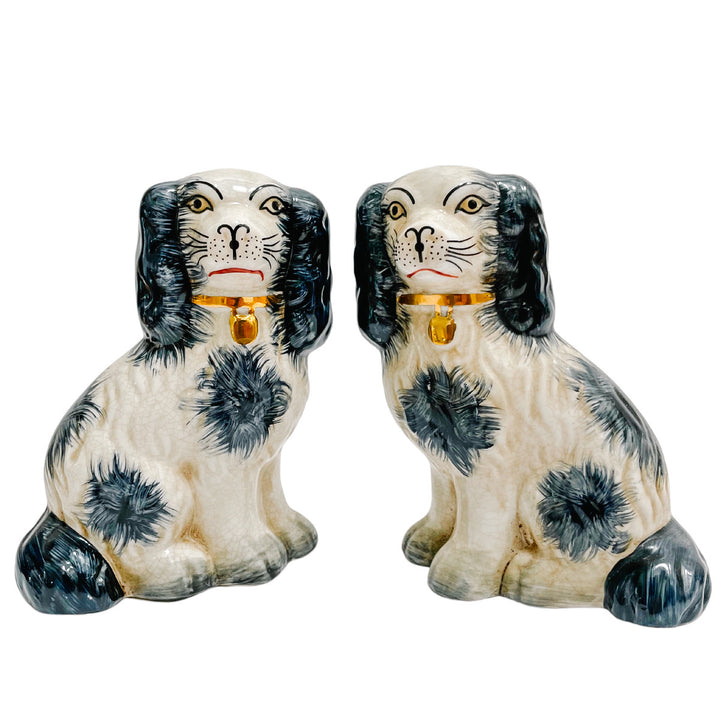 Pair Of 5.5" Navy Blue & White Staffordshire Style Spaniel Dogs