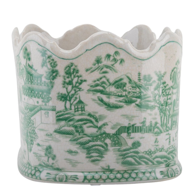 Green Willow Chinoiserie Ceramic Oval Cachepot
