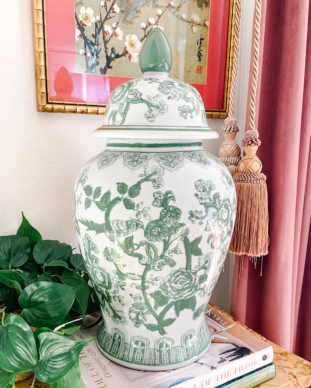Contemporary Green & White Chinoiserie Temple Jar