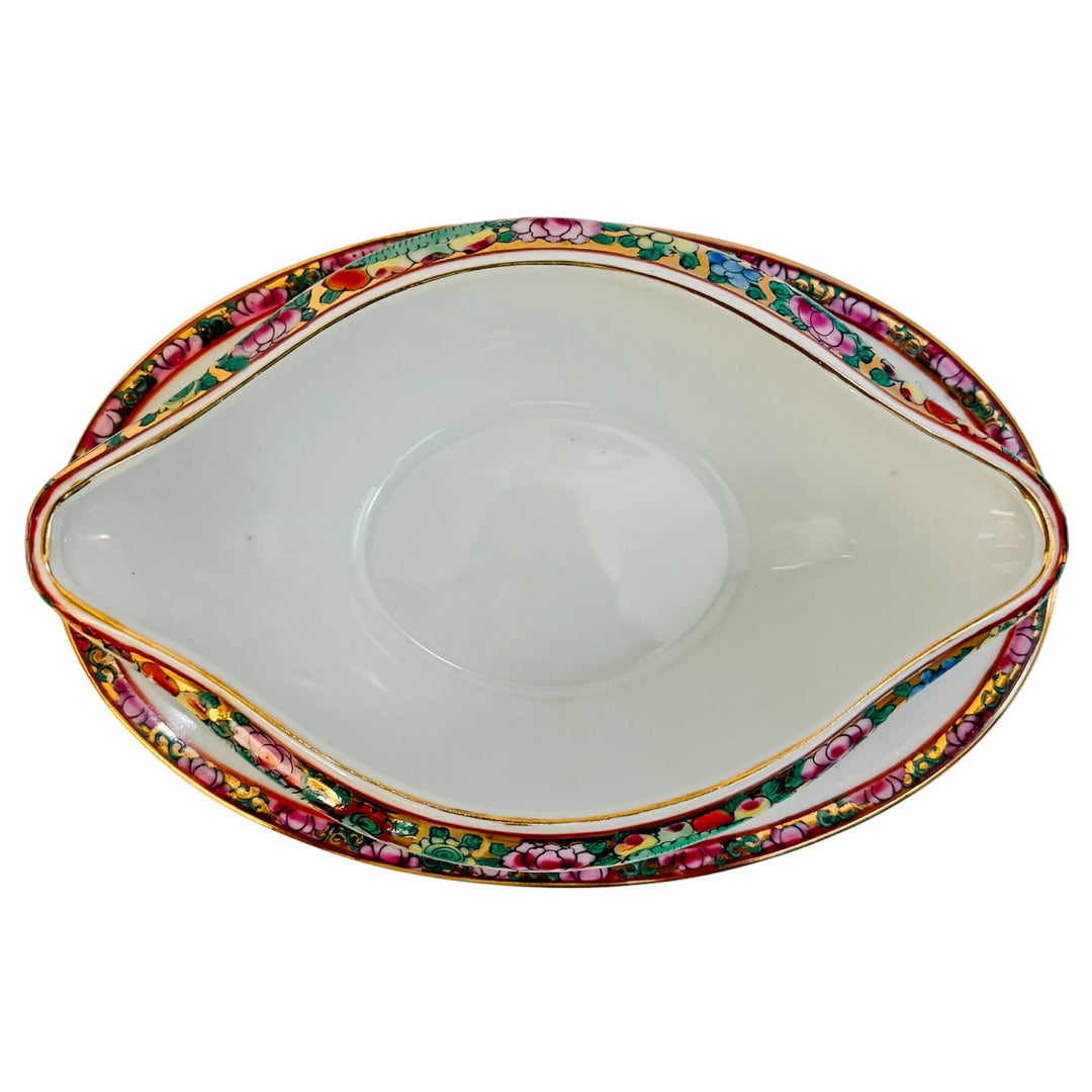 Mid-Century Famille Rose Canton Gravy Boat with Attached Underplate