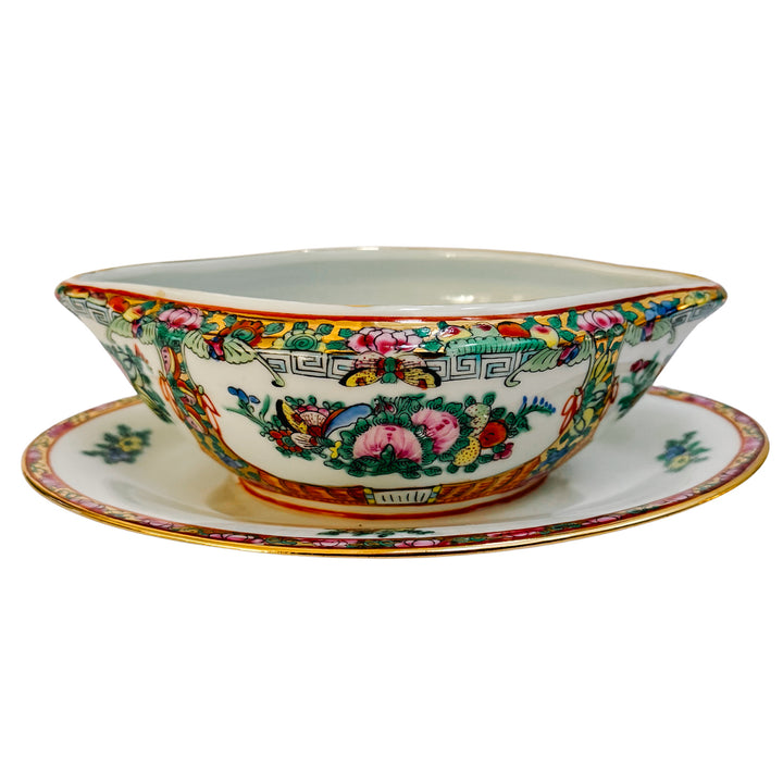 Mid-Century Famille Rose Canton Gravy Boat with Attached Underplate