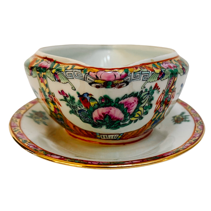 Mid-Century Famille Rose Canton Gravy Boat with Attached Underplate