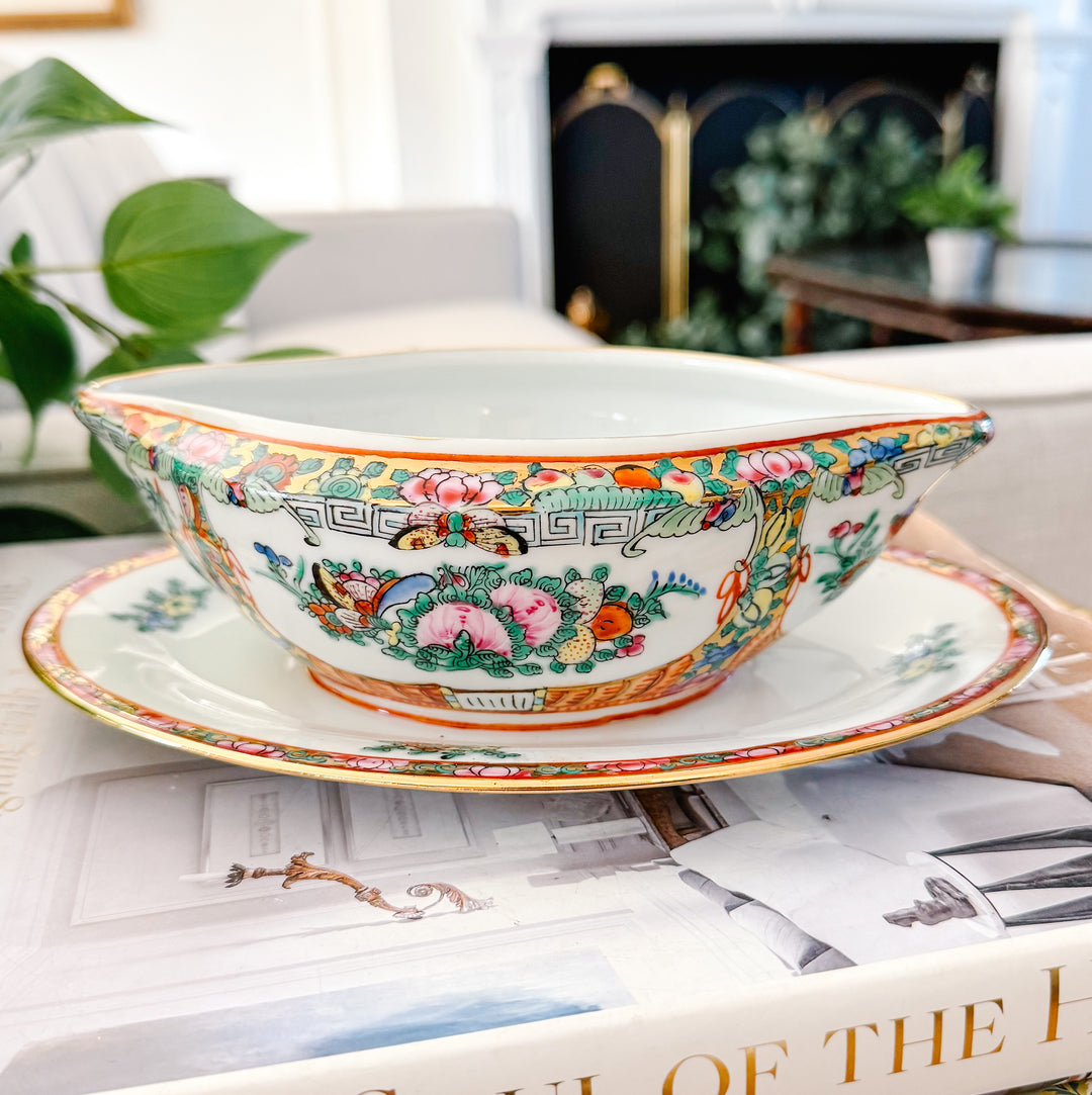Mid-Century Famille Rose Canton Gravy Boat with Attached Underplate