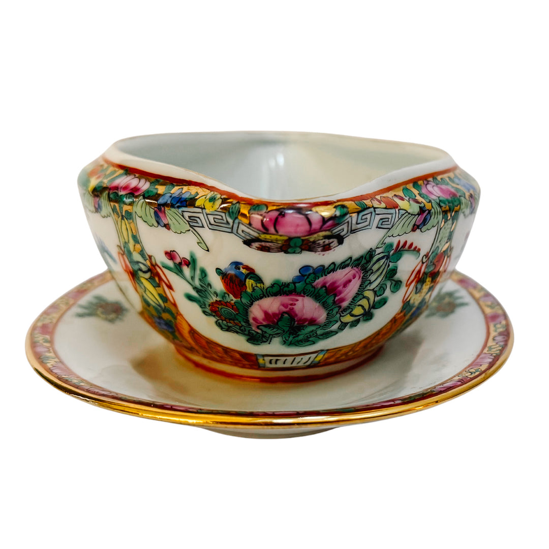 Mid-Century Famille Rose Canton Gravy Boat with Attached Underplate