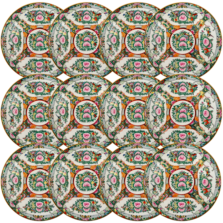 Mid-Century Famille Rose Canton Luncheon Plates, Complete Set of 12