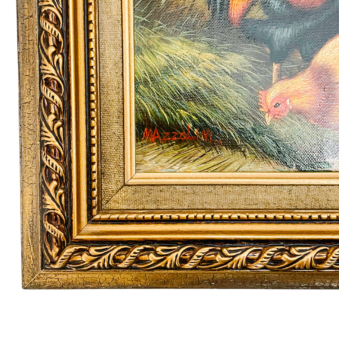 Framed Chickens In Barnyard Oil Painting