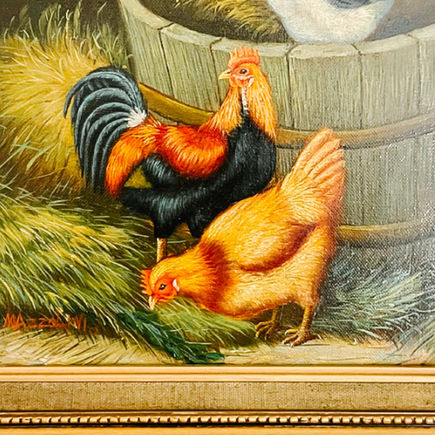 Framed Chickens In Barnyard Oil Painting