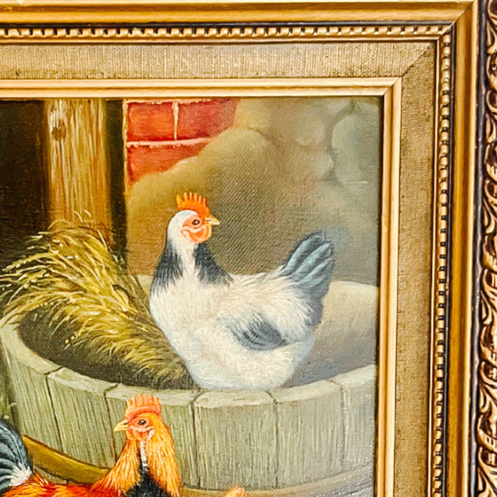 Framed Chickens In Barnyard Oil Painting