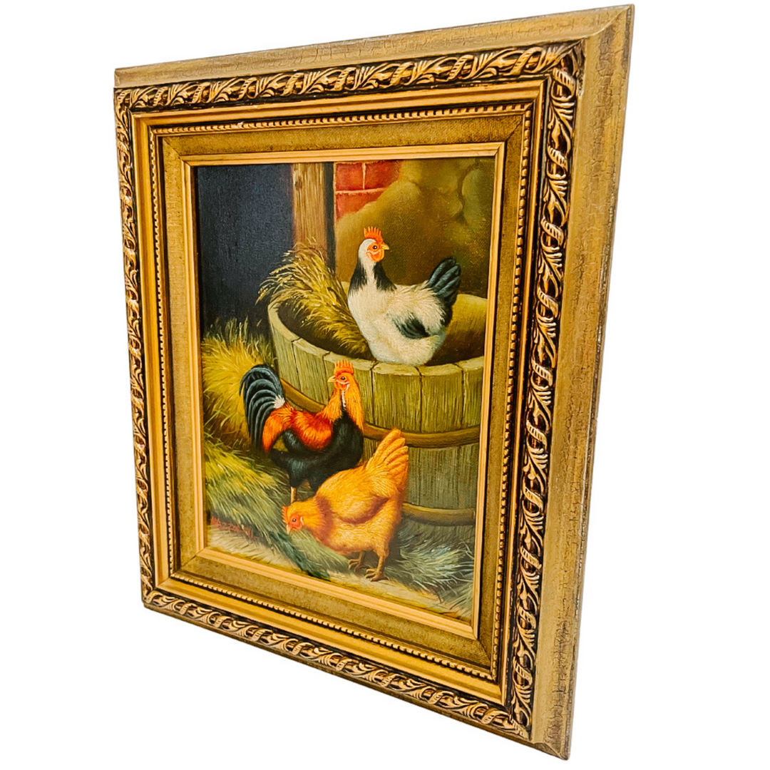 Framed Chickens In Barnyard Oil Painting