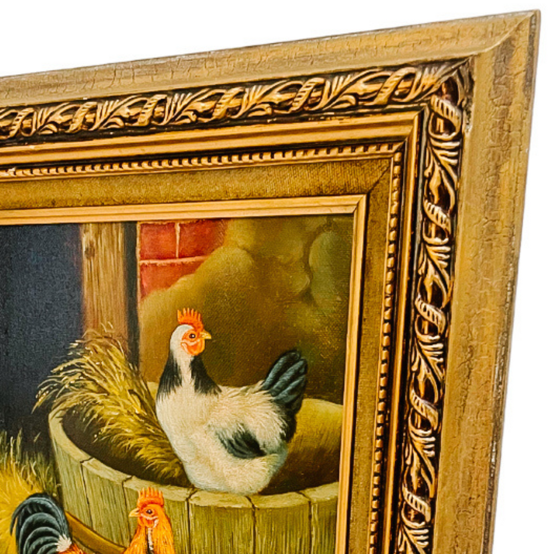 Framed Chickens In Barnyard Oil Painting