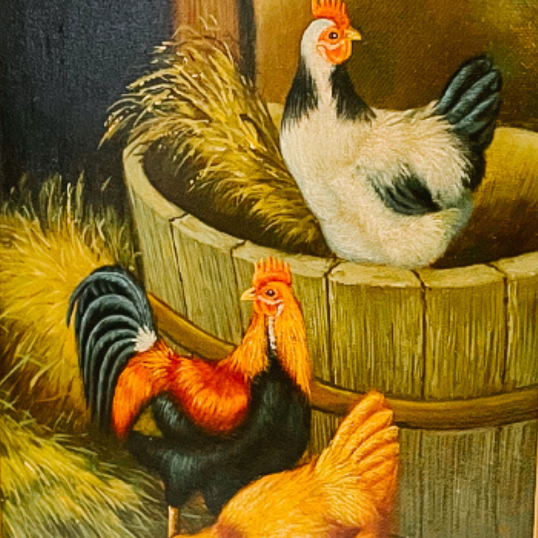 Framed Chickens In Barnyard Oil Painting