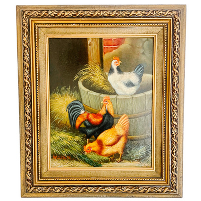 Framed Chickens In Barnyard Oil Painting