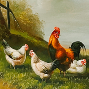 Framed Chickens In Farm Oil Painting