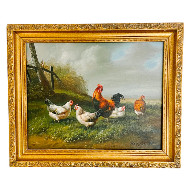 Framed Chickens In Farm Oil Painting
