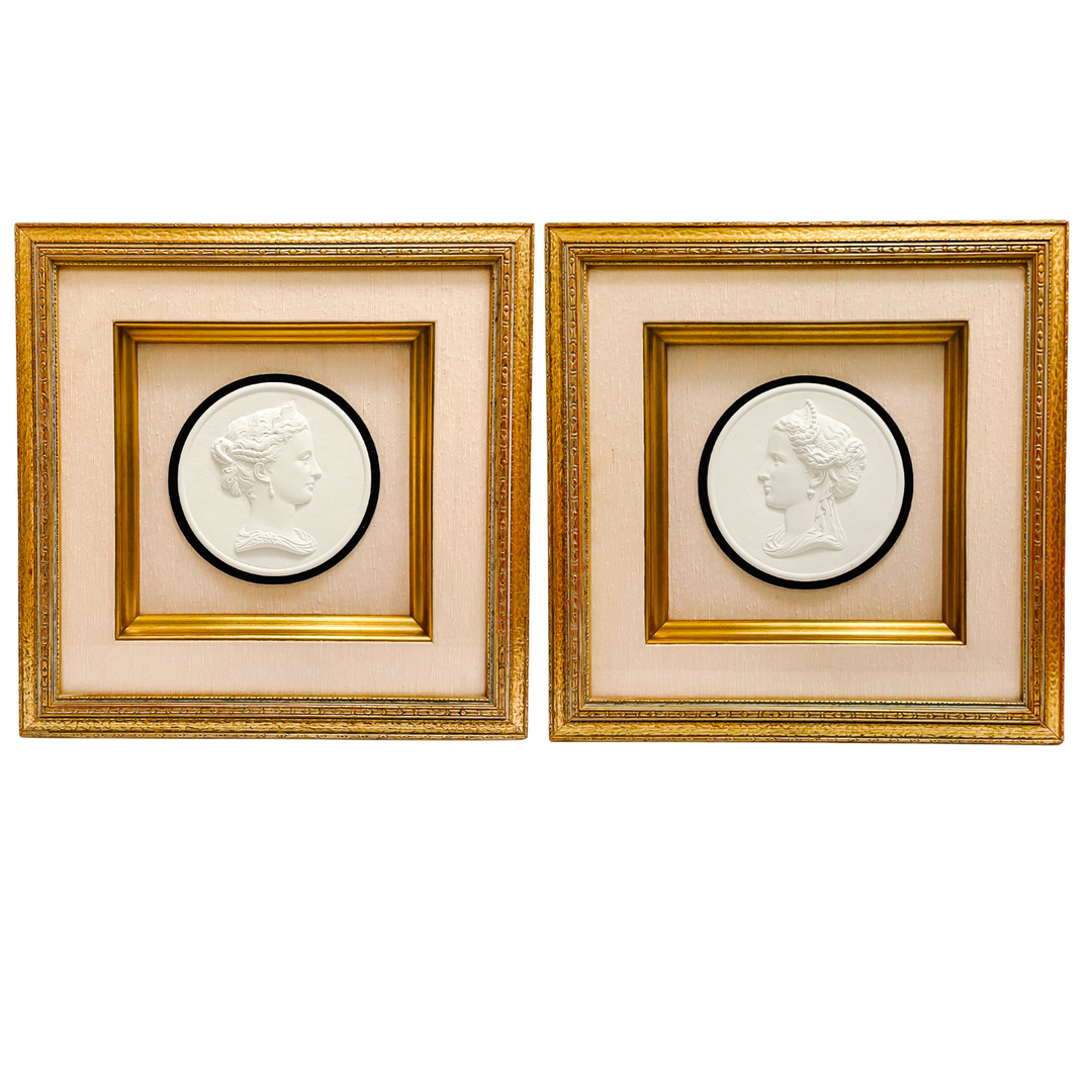 Framed and Matted Large Bisque Cameos Under Glass