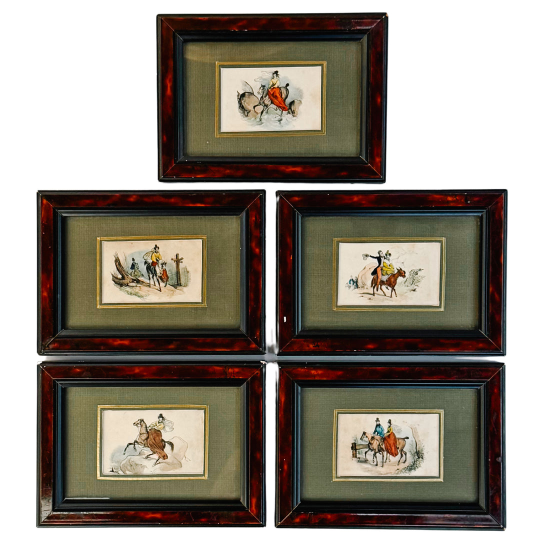 French Antique Hand-Colored Equestrian Miniature Color Etchings in Faux Tortoiseshell Frames