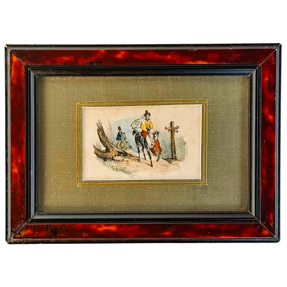 French Antique Hand-Colored Equestrian Miniature Color Etchings in Faux Tortoiseshell Frames