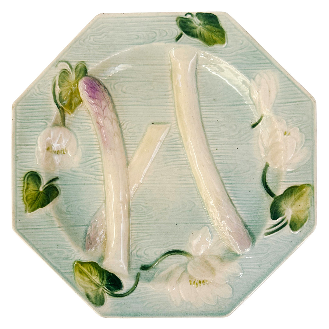 French Art Nouveau Water Lily Asparagus Majolica Plate