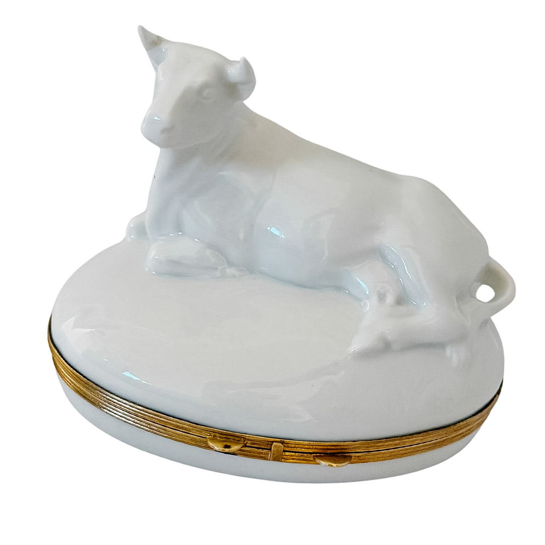 French Blanc De Chine Porcelain Reclining Cow Limoges Box by Chamart