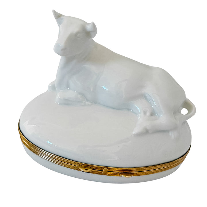 French Blanc De Chine Porcelain Reclining Cow Limoges Box by Chamart