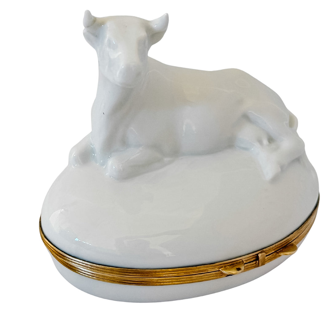 French Blanc De Chine Porcelain Reclining Cow Limoges Box by Chamart