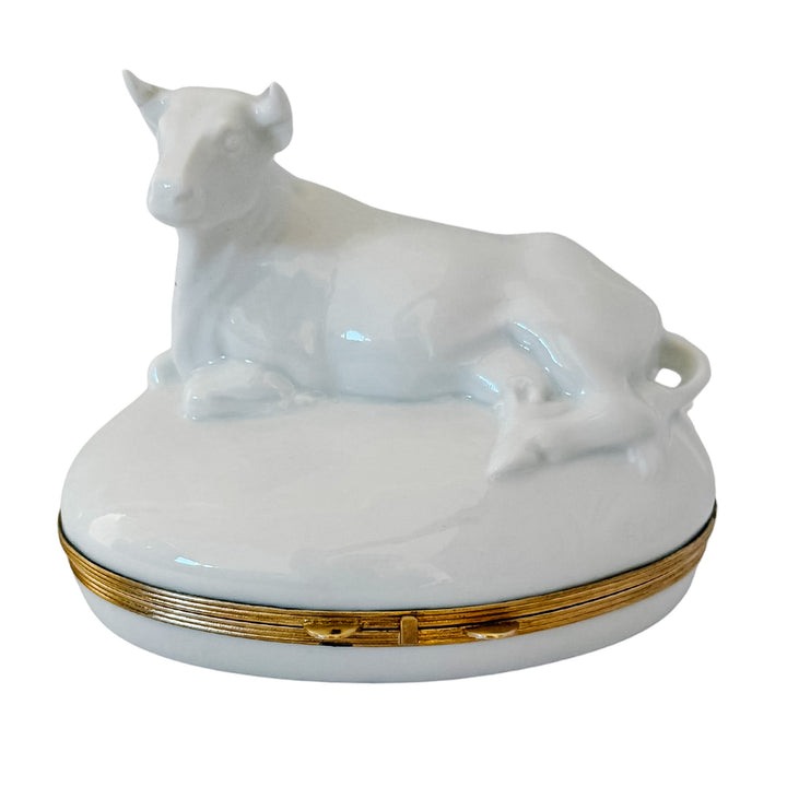 French Blanc De Chine Porcelain Reclining Cow Limoges Box by Chamart