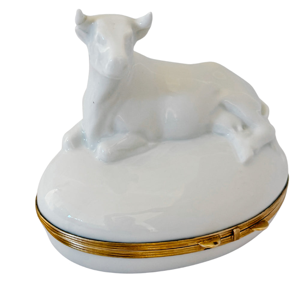 French Blanc De Chine Porcelain Reclining Cow Limoges Box by Chamart