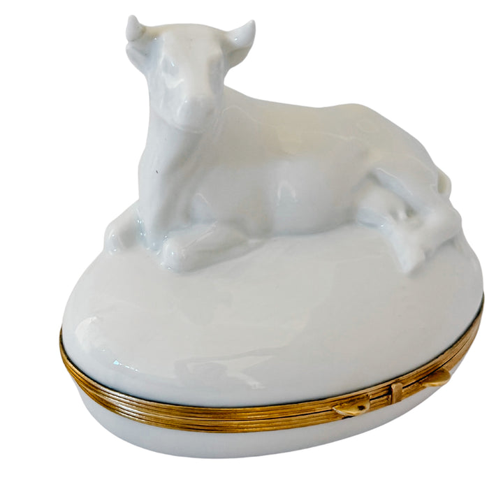 French Blanc De Chine Porcelain Reclining Cow Limoges Box by Chamart
