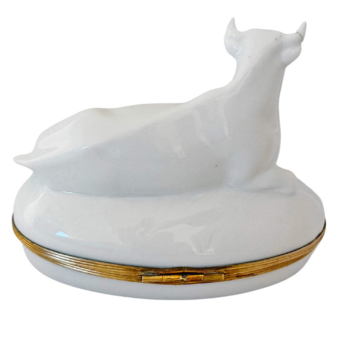 French Blanc De Chine Porcelain Reclining Cow Limoges Box by Chamart