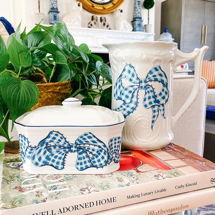 French Blue Gingham Pitcher by Philippe Deshoulieres