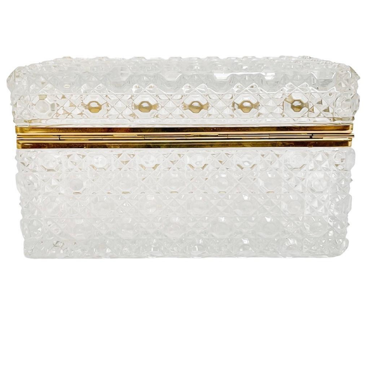 French Diamond Cut Crystal Hinged Casket Box With Brass Frame
