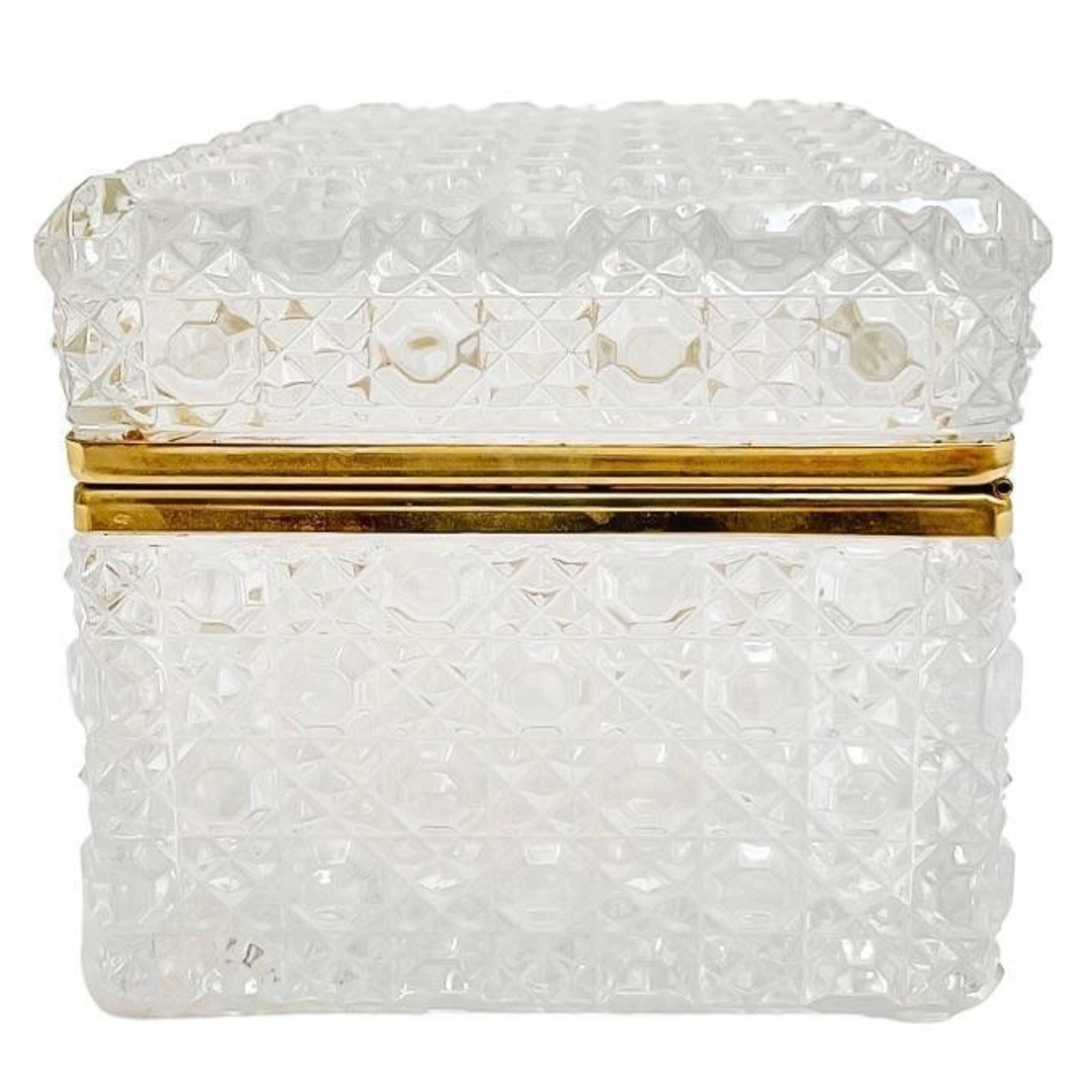 French Diamond Cut Crystal Hinged Casket Box With Brass Frame