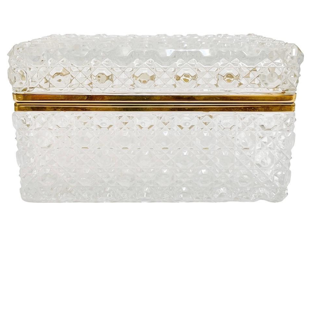 French Diamond Cut Crystal Hinged Casket Box With Brass Frame