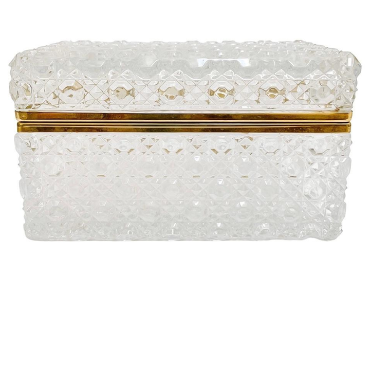 French Diamond Cut Crystal Hinged Casket Box With Brass Frame