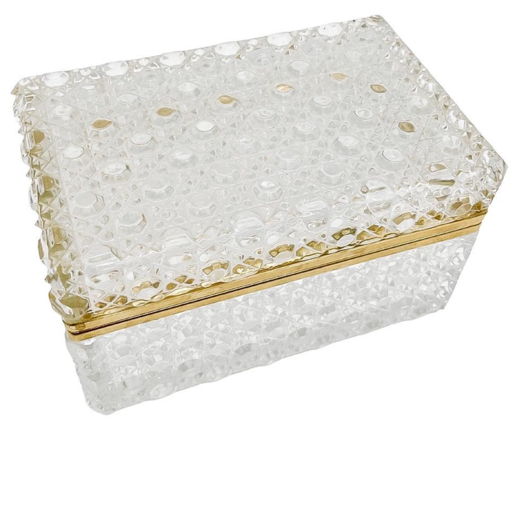 French Diamond Cut Crystal Hinged Casket Box With Brass Frame