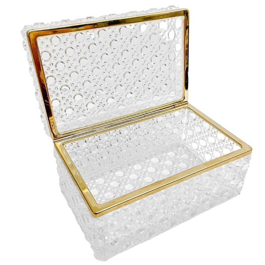 French Diamond Cut Crystal Hinged Casket Box With Brass Frame
