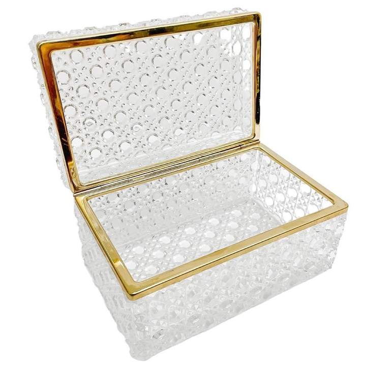 French Diamond Cut Crystal Hinged Casket Box With Brass Frame