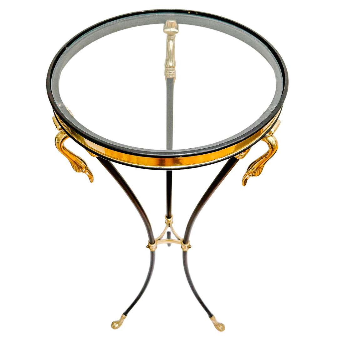 French Empire Style Steel & Brass Swan Gueridon Table With Glass Top