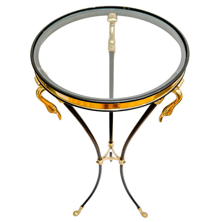 French Empire Style Steel & Brass Swan Gueridon Table With Glass Top