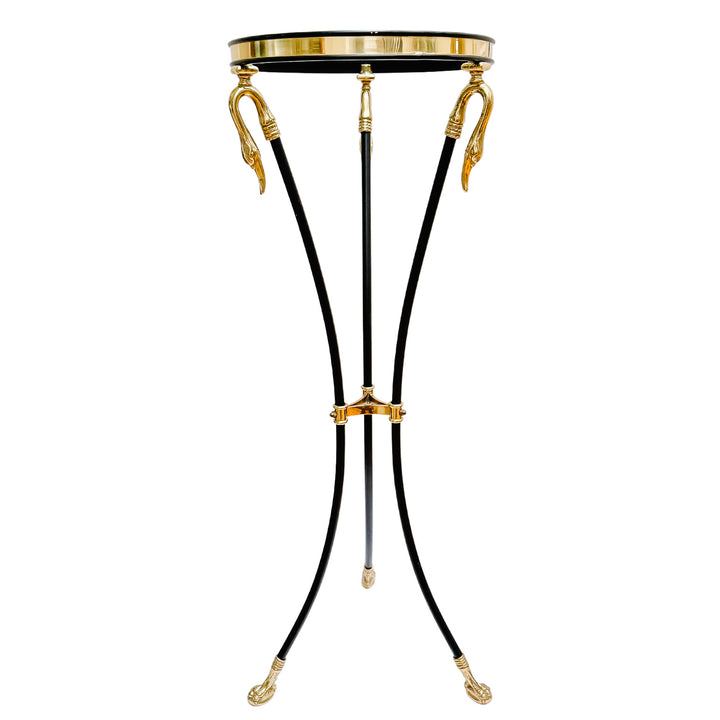 French Empire Style Steel & Brass Swan Gueridon Table With Glass Top