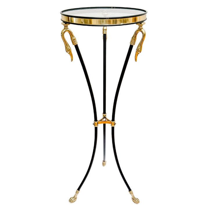 French Empire Style Steel & Brass Swan Gueridon Table With Glass Top