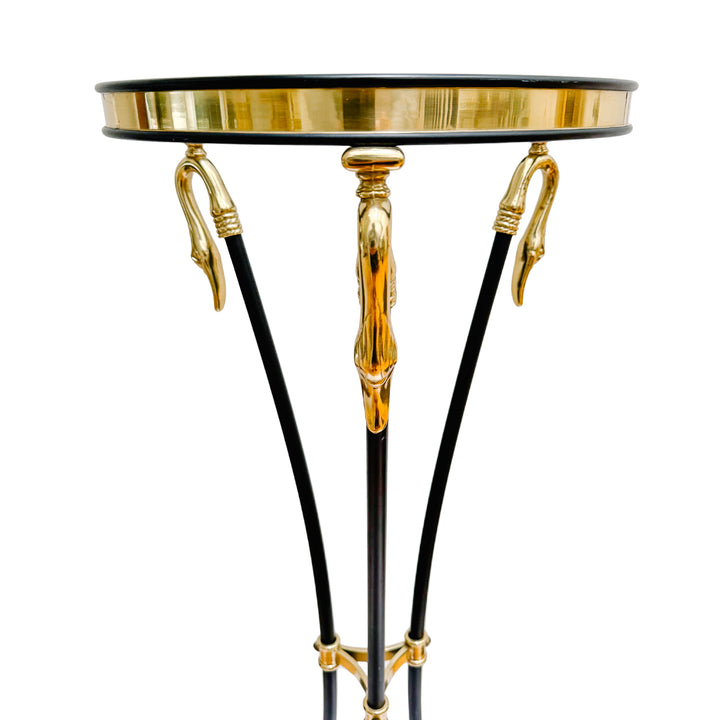 French Empire Style Steel & Brass Swan Gueridon Table With Glass Top