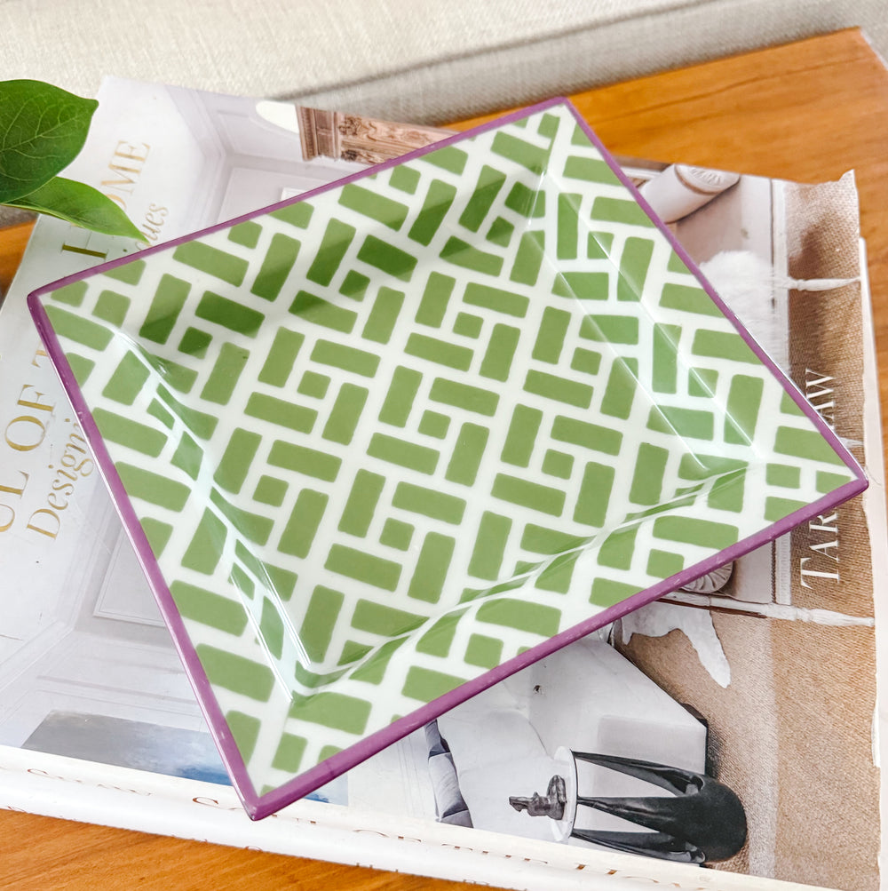 Fabienne Jouvin Green Geometric Catch-All Dish with Magenta Trim