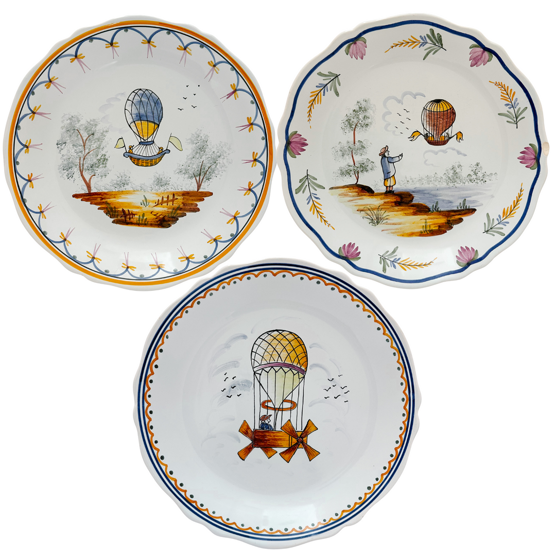 French Faience Voyage Dans Les Airs Hot Air Balloon Plates 