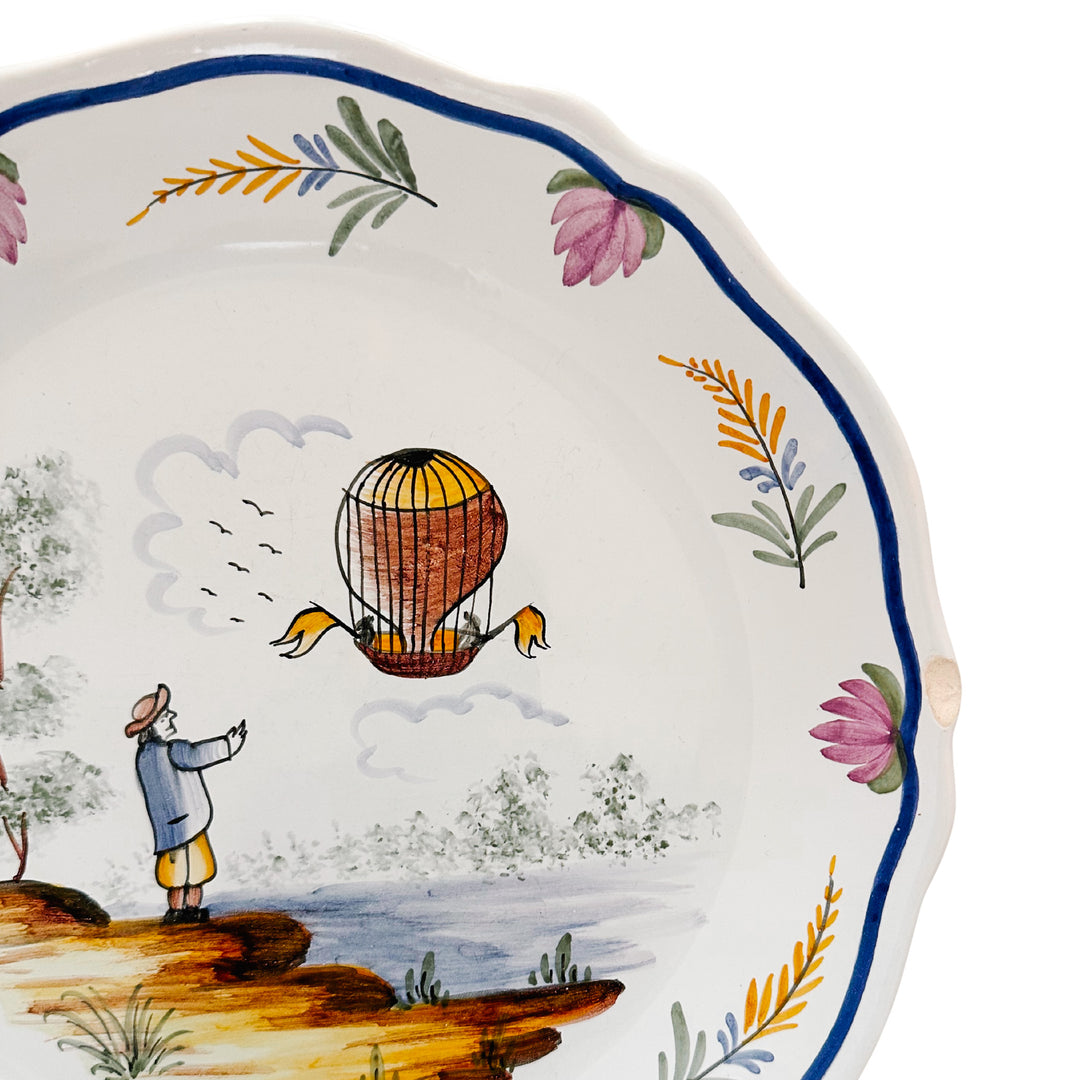 French Faience Voyage Dans Les Airs Hot Air Balloon Plates 