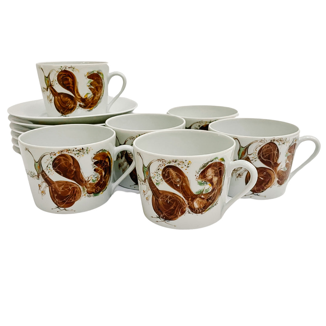 French Hand-Painted Snail Bistro Coffee Cups And Saucers